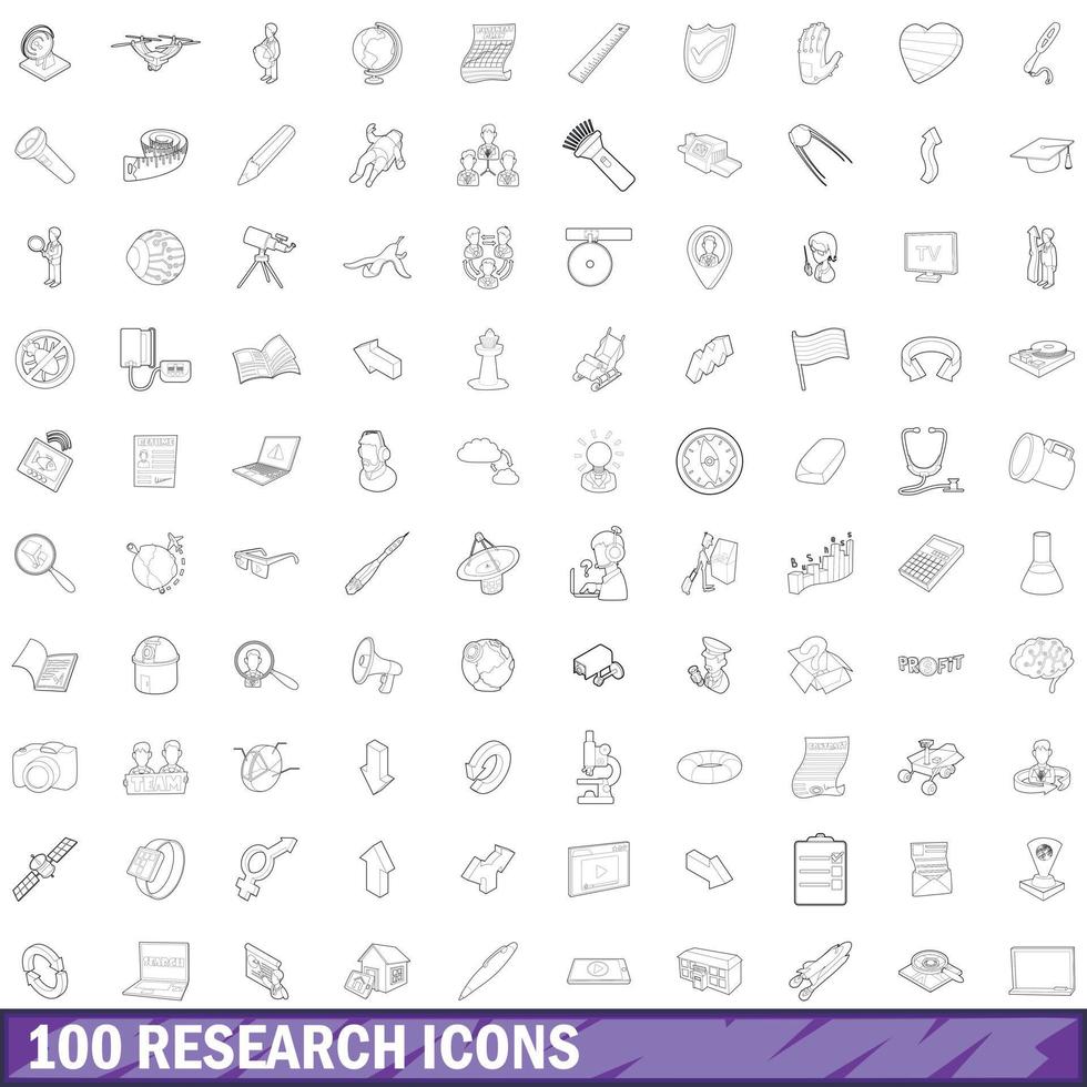 100 Forschungssymbole gesetzt, Umrissstil vektor