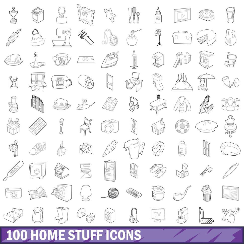 100 hem grejer ikoner set, kontur stil vektor