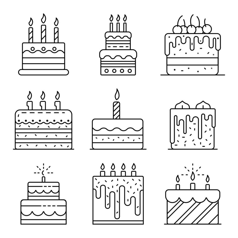 tårta födelsedag ikoner set, dispositionsstil vektor