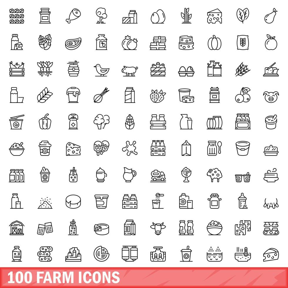 100 Farm-Icons gesetzt, Umrissstil vektor