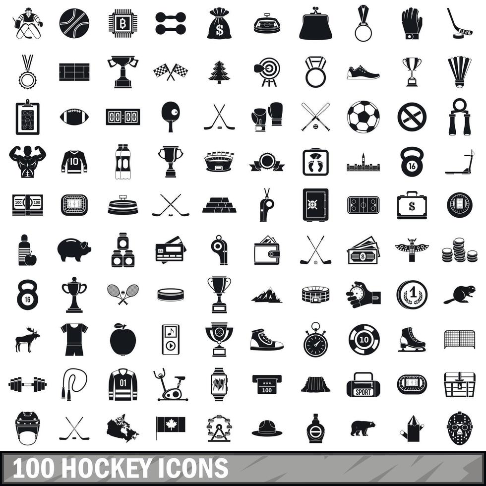 100 Hockey-Icons gesetzt, einfacher Stil vektor