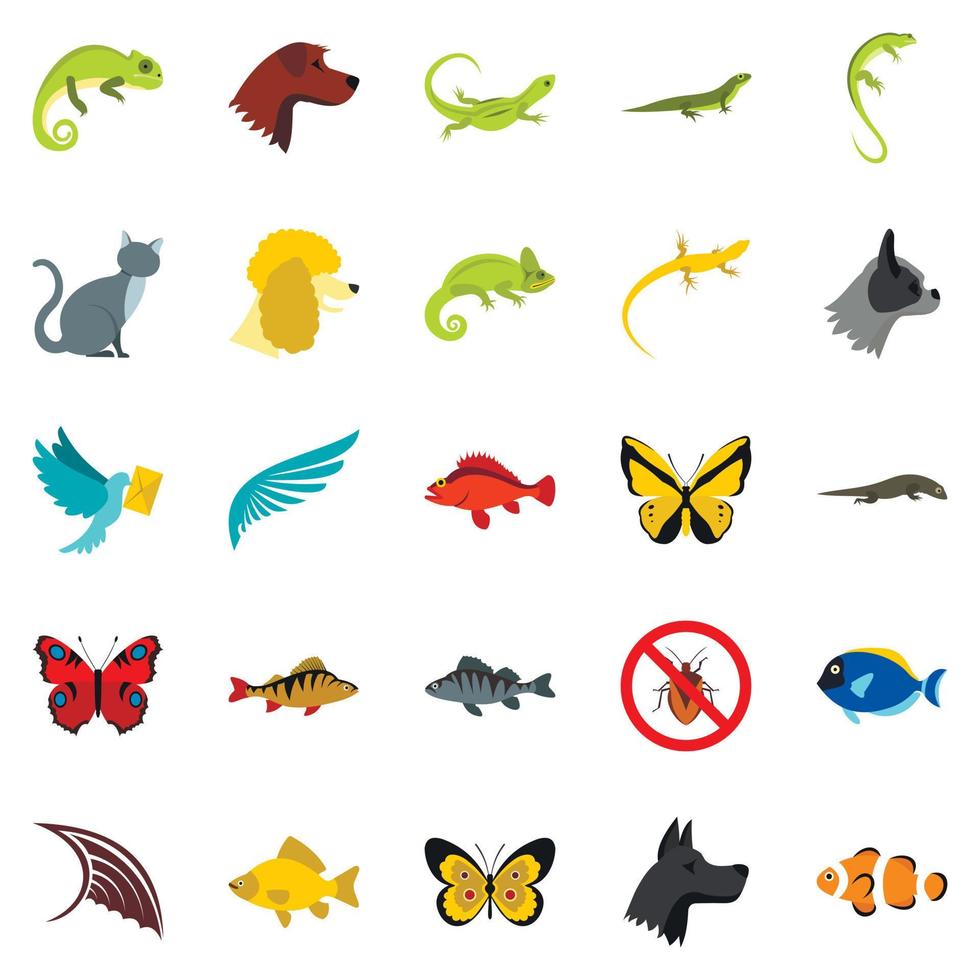 tropiska djur ikoner set, platt stil vektor