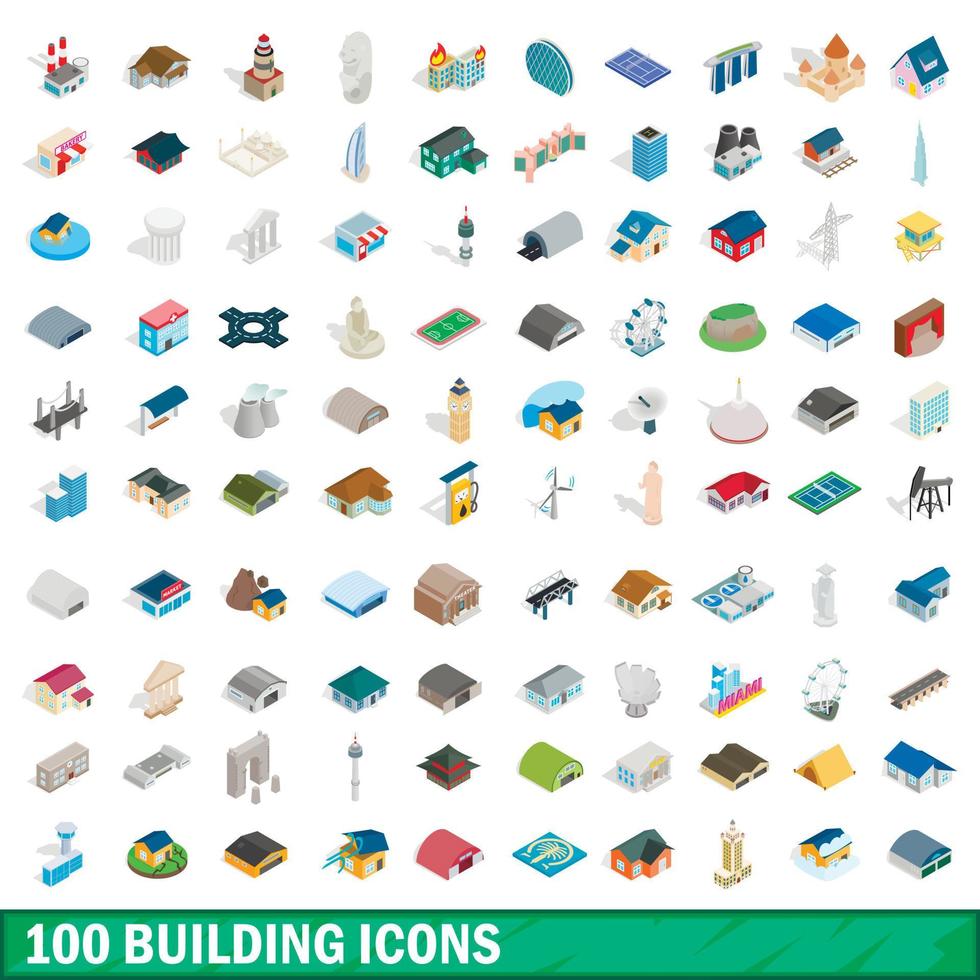 100 Gebäudesymbole gesetzt, isometrischer 3D-Stil vektor