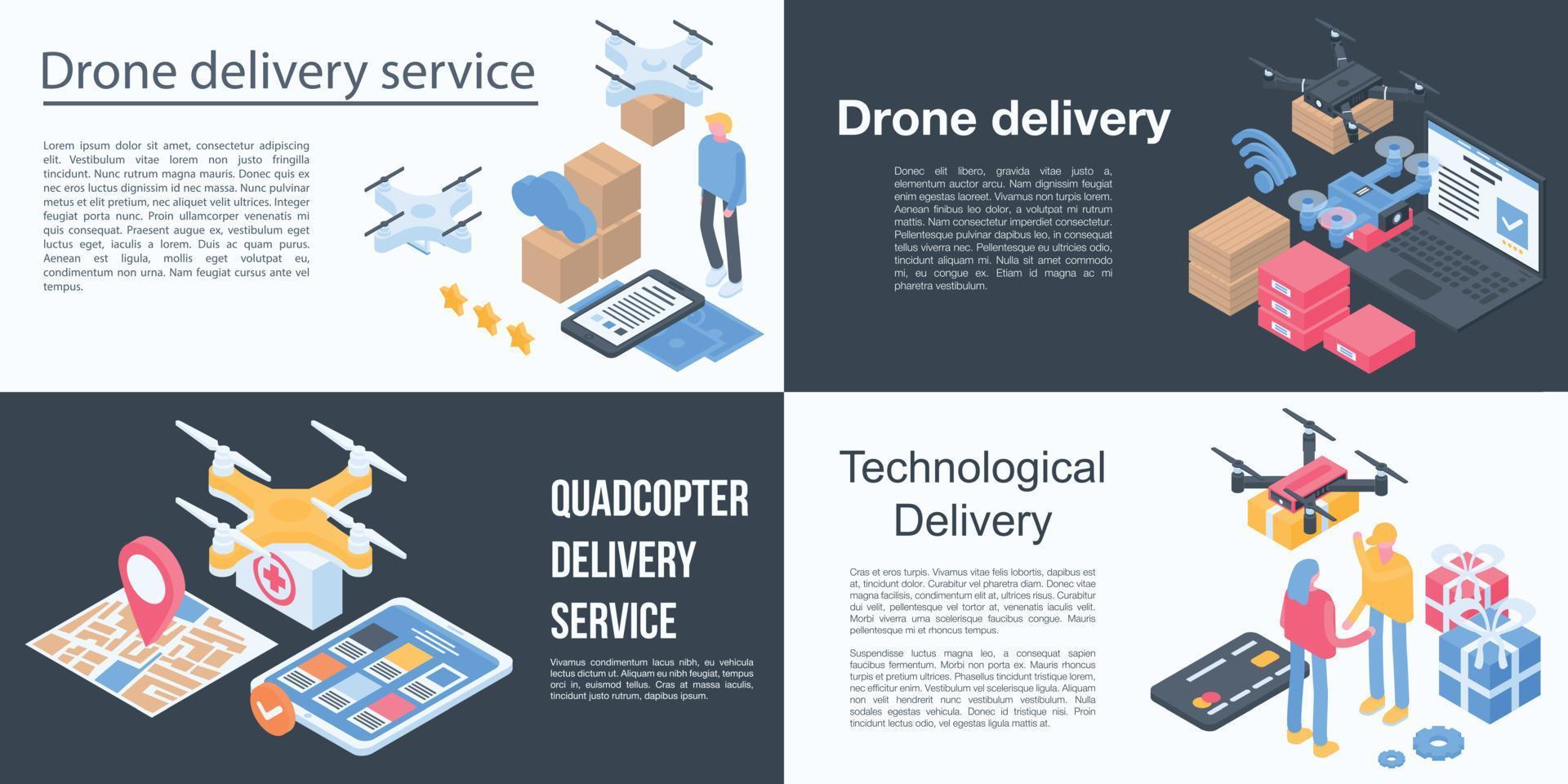 drone leverans service banner set, isometrisk stil vektor