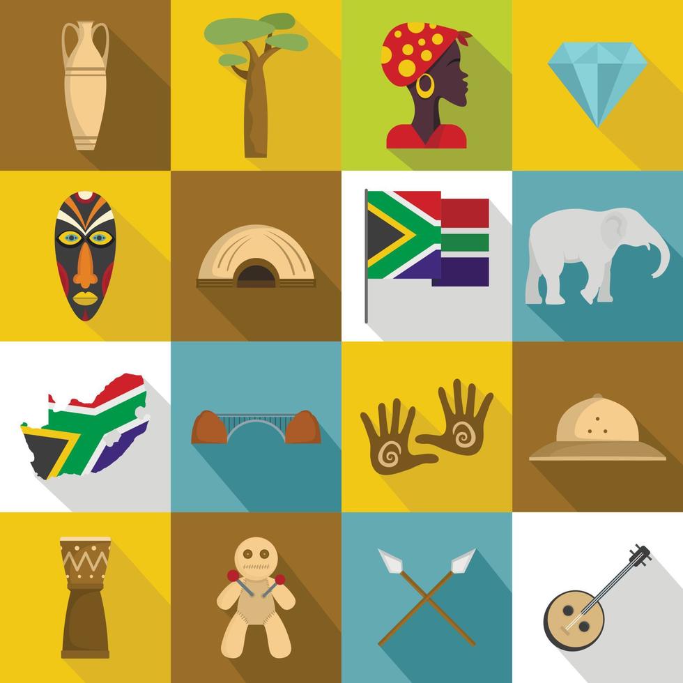 Sydafrika resa ikoner set, platt stil vektor
