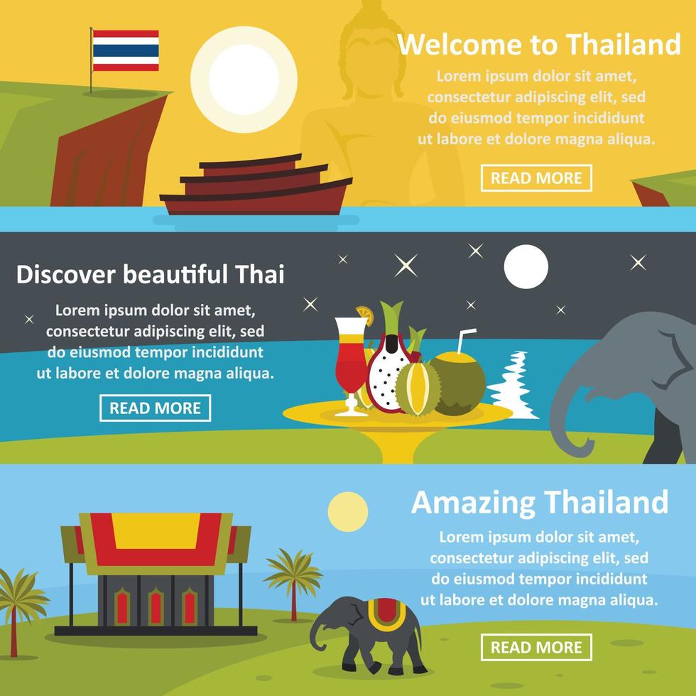 thailand reisebanner horizontaler satz, flacher stil vektor