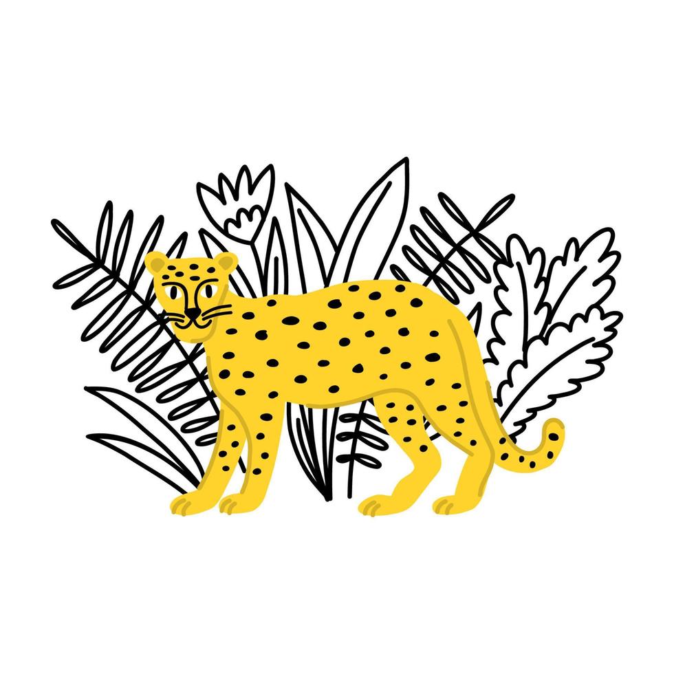Ein Leopard geht zwischen tropischen Blättern spazieren. Modernes Zeichnen mit Tieren vektor