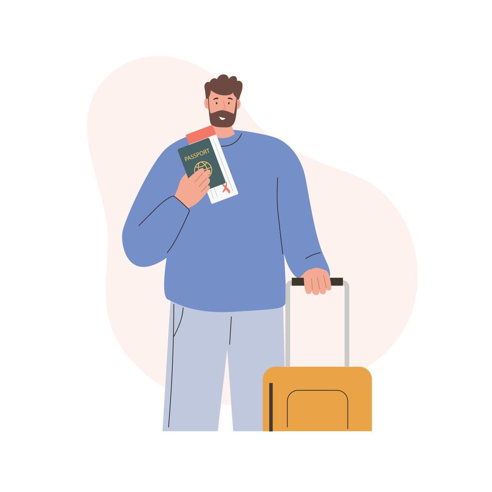 Mann Tourist mit Pass, Ticket und Gepäck. Urlaubskonzept vektor