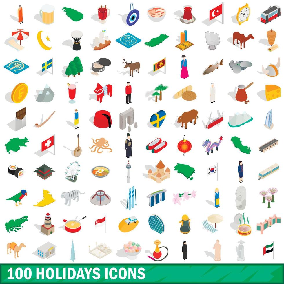 100 helgdagar ikoner set, isometrisk 3d-stil vektor