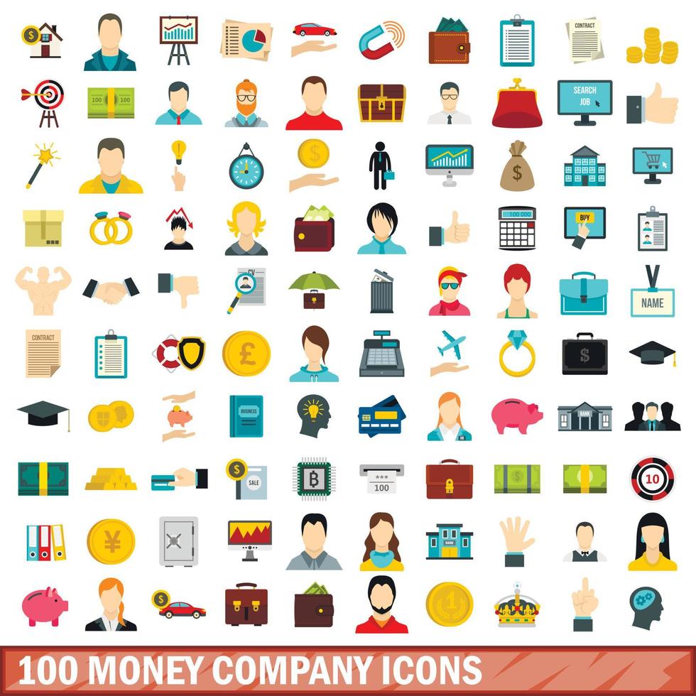 100 Symbole für Geldunternehmen, flacher Stil vektor
