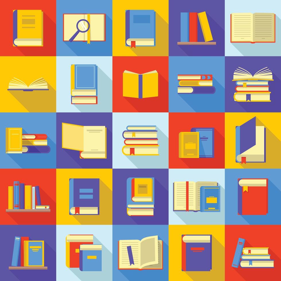 böcker bibliotek utbildning ikoner set, platt stil vektor