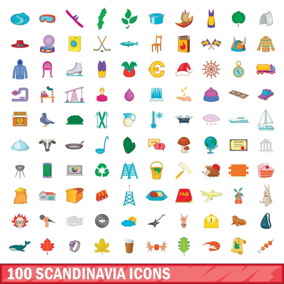 100 skandinavien ikoner set, tecknad stil vektor
