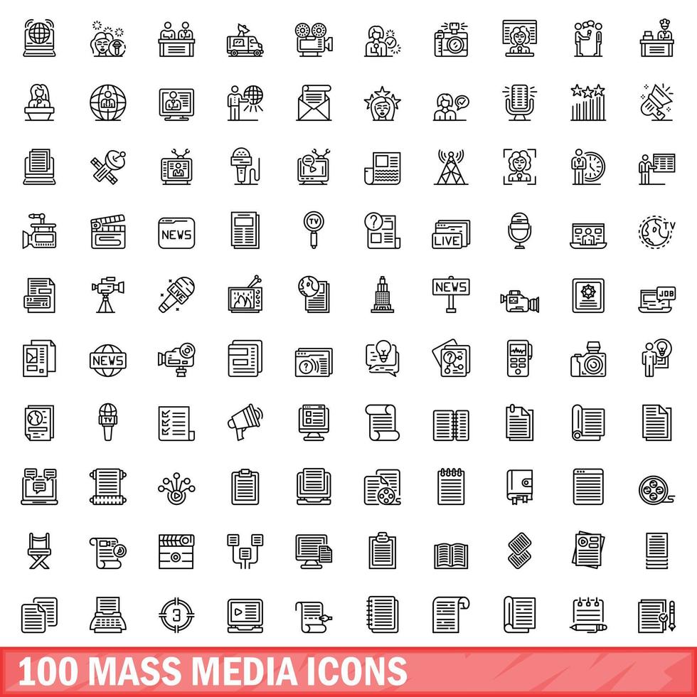 100 Massenmedien-Icons gesetzt, Umrissstil vektor