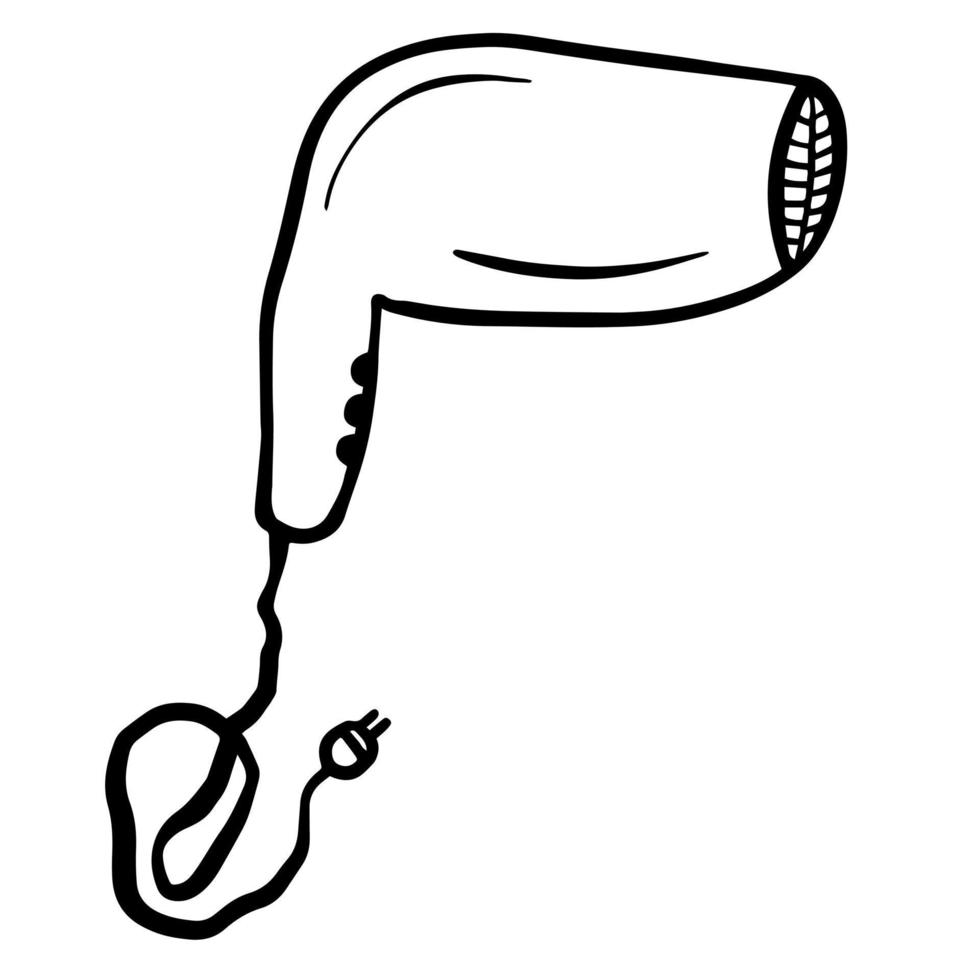 svart doodle av en hårtork. handritade badrumstillbehör illustration. hårtork linje konst illustration vektor