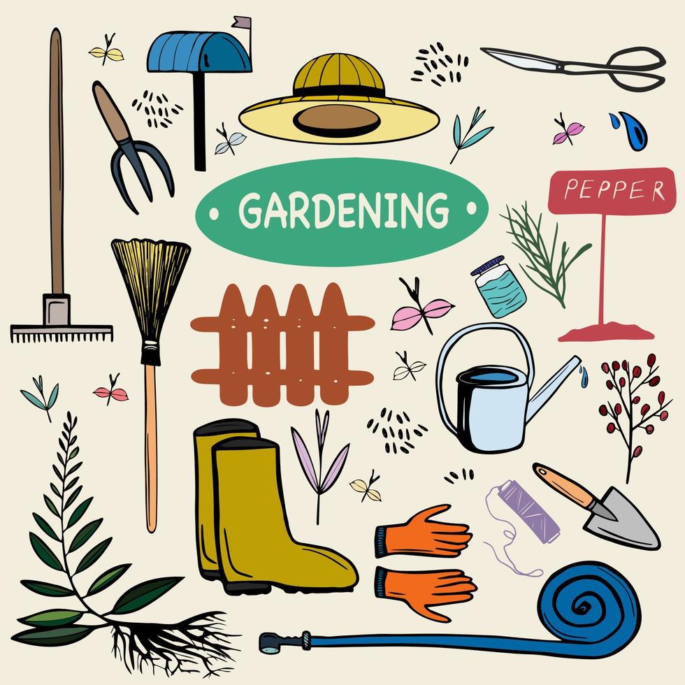 Gartenelemente zum Thema Garten, Gartengeräte, Landwirtschaft, Ausrüstung und Ernte. Skizzen zur Verwendung im Design. Gartenillustration. Gekritzel vektor