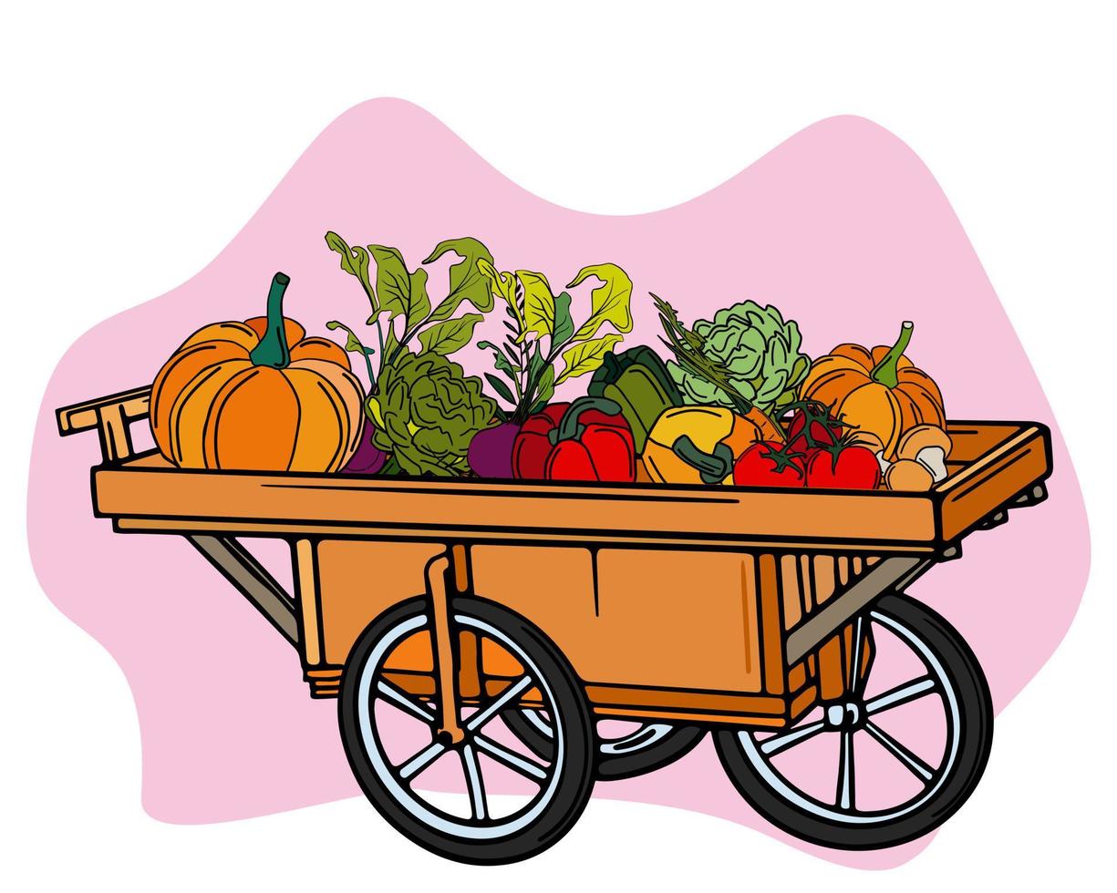 Set mit einem Holzkarren mit Kürbissen, Herbstbeeren, Rüben, Karotten, Artischocken, Paprika, Tomaten und Pilzen. Herbstillustration, Landwirtschaft, Ernte. vektor