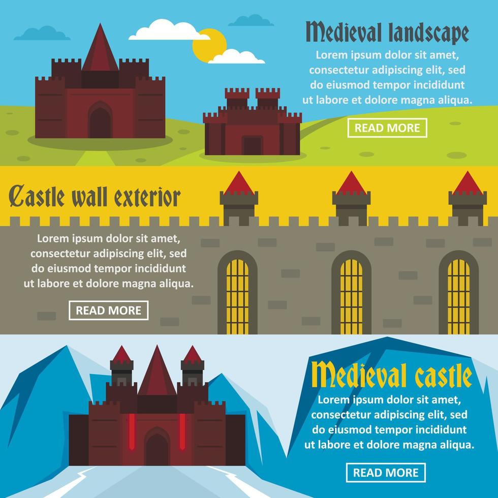 medeltida slott banner horisontell uppsättning, platt stil vektor