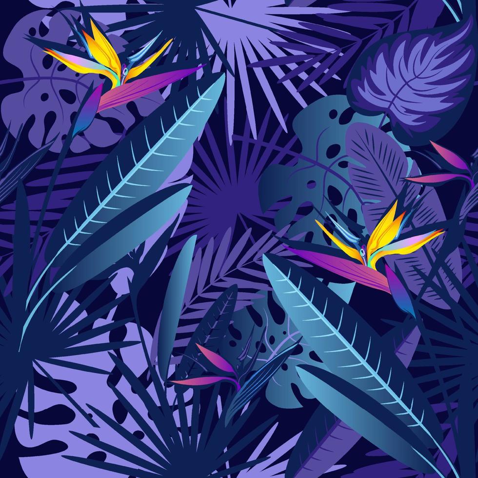 sömlösa mönster med tropiska exotiska blad och blommor på natten. tropisk natt. vektor