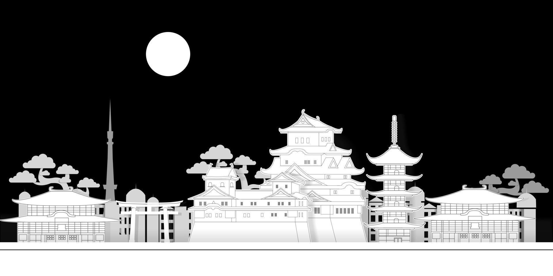 japanische landschaft im mondlicht papierschnitt vektor hintergrunddesign