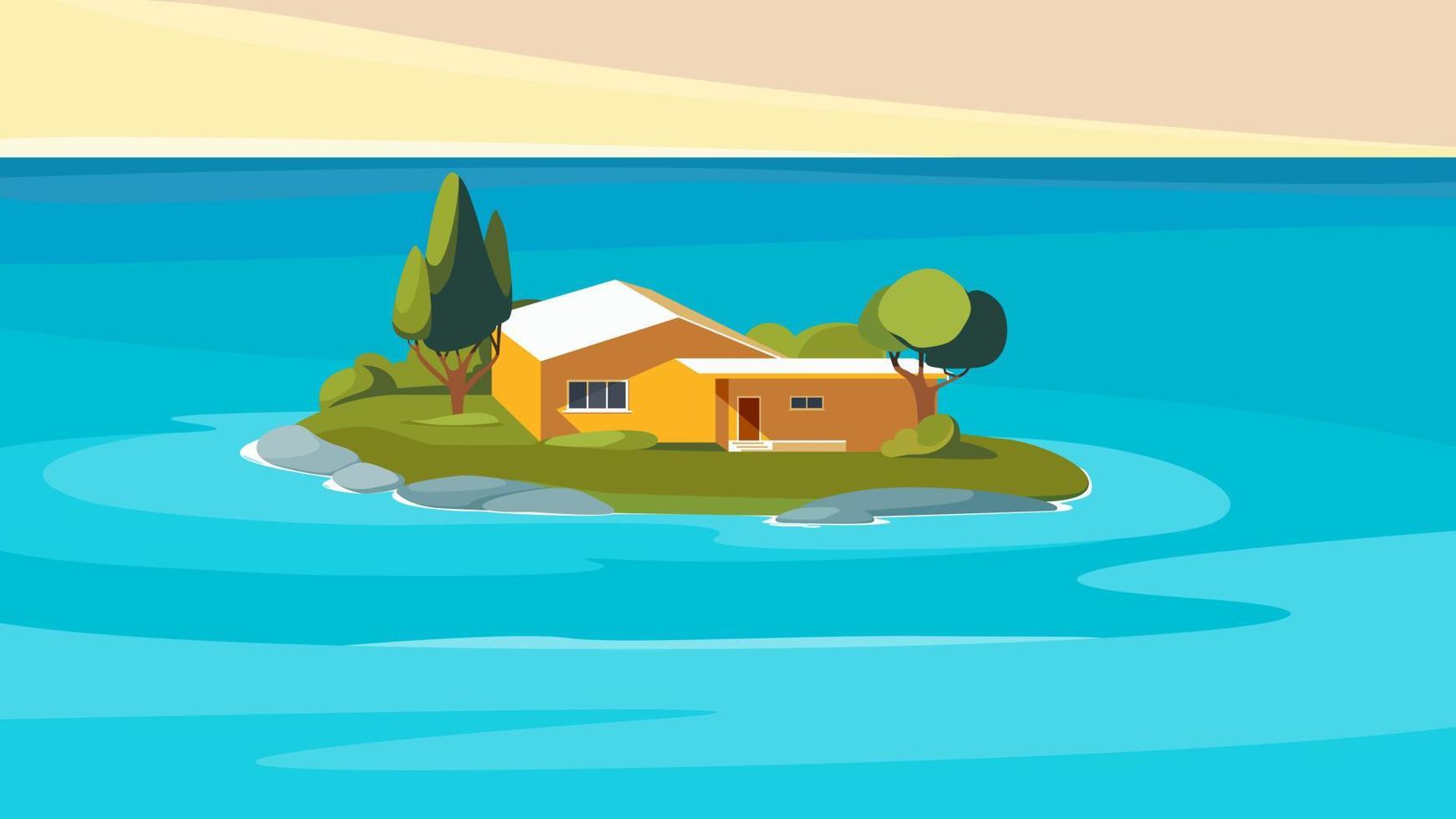 havslandskap med orange hus på ön. vektor