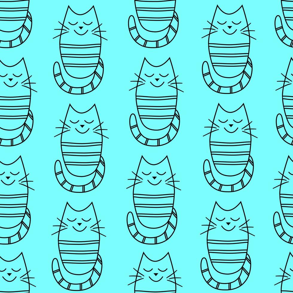 seamless mönster med rolig tecknad katt med drömmande ansiktsuttryck på blå bakgrund. vektor tapet barn bakgrund