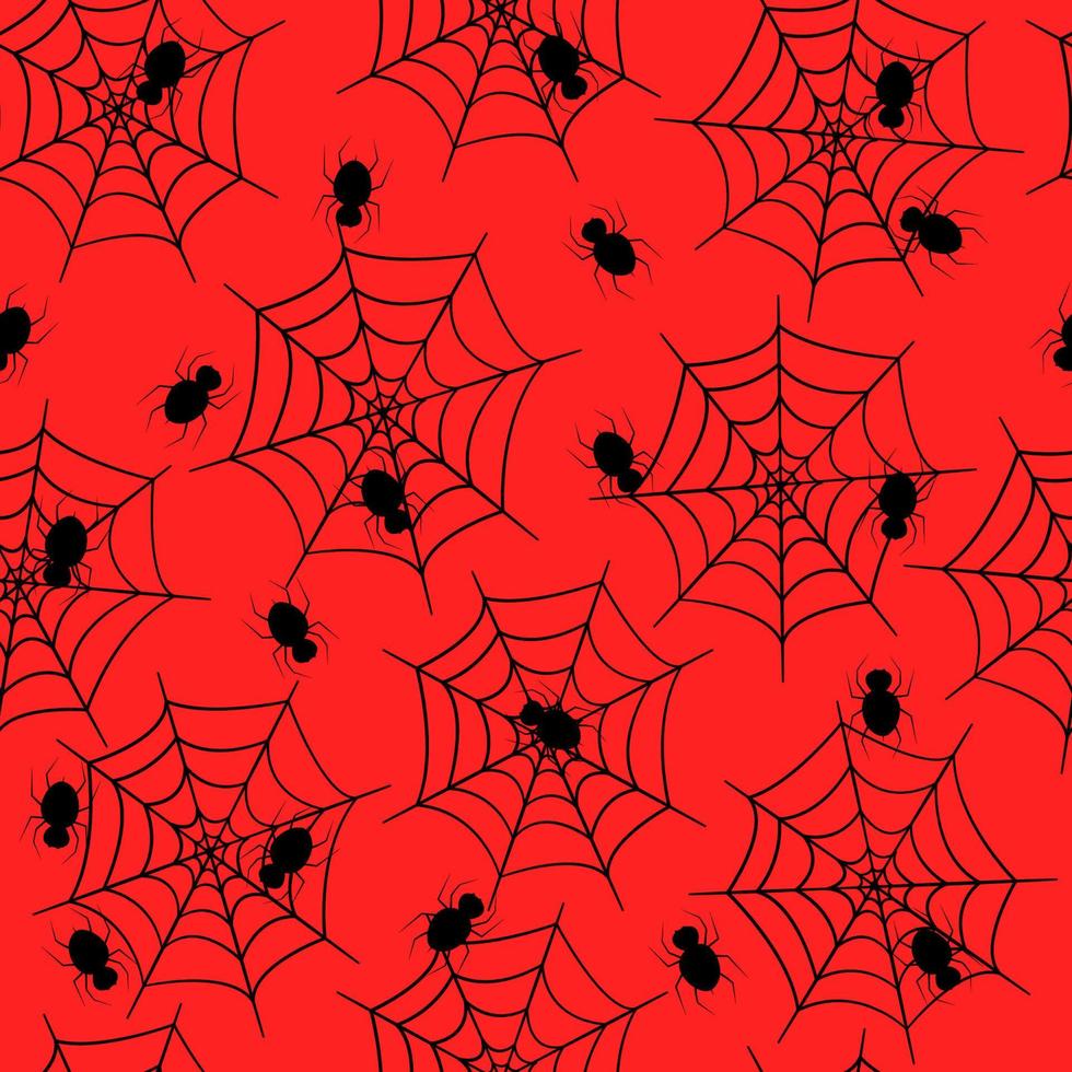 nahtloses musternetz mit spinnen auf rotem hintergrund. Vektor Hintergrundbild Halloween-Konzept