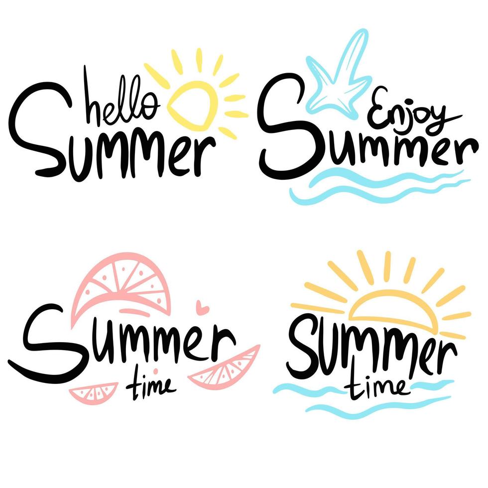 Vektorset von Sommeretiketten, Logos, handgezeichneten Tags und Elementen für Sommerurlaub, Reisen, Strandurlaub, Sonne. vektor