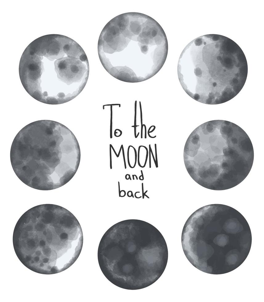 vektor akvarell samling av månfaser. till månen och baksidan hand bokstäver text.
