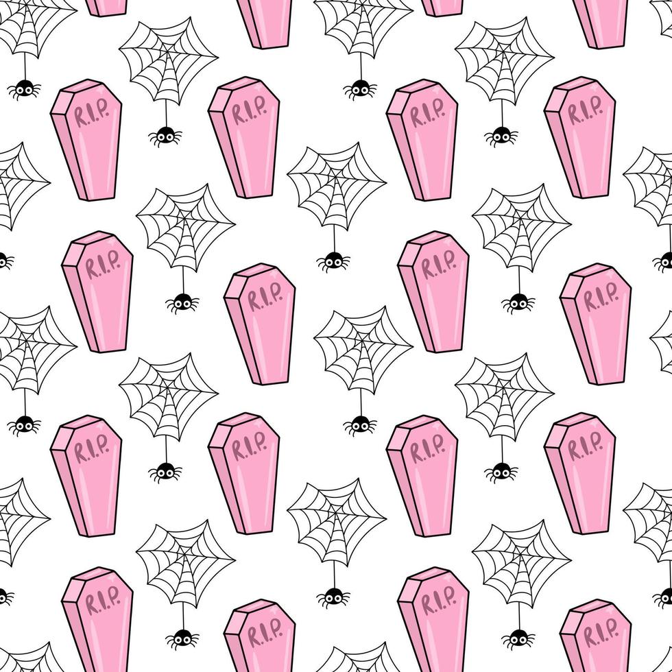 nahtloses Muster für Halloween. süßer hintergrund mit rosa särgen und spinnen. vektor