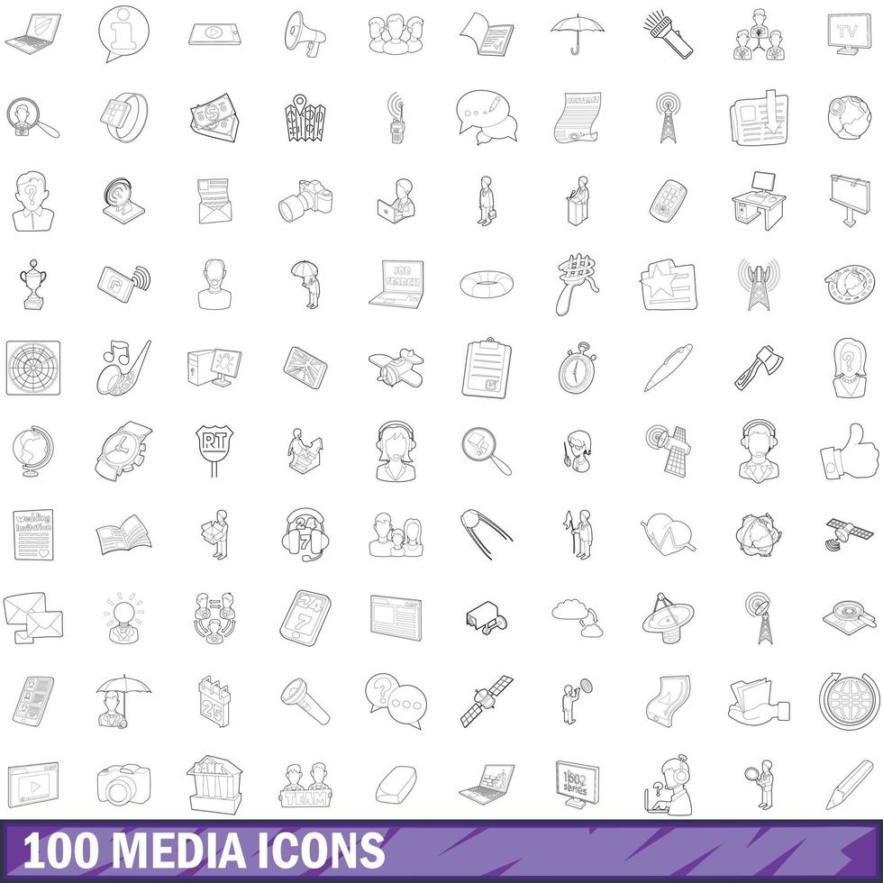 100 media ikoner set, kontur stil vektor