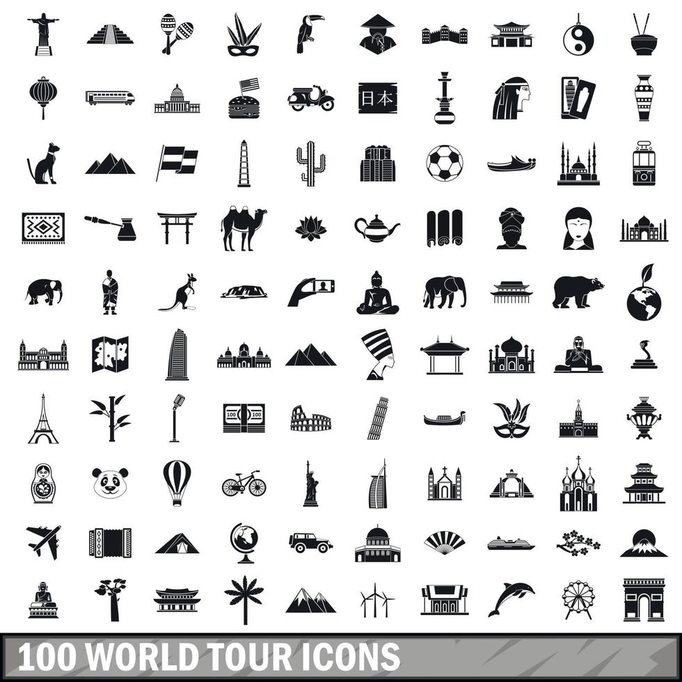 100 World Tour Icons Set, einfacher Stil vektor