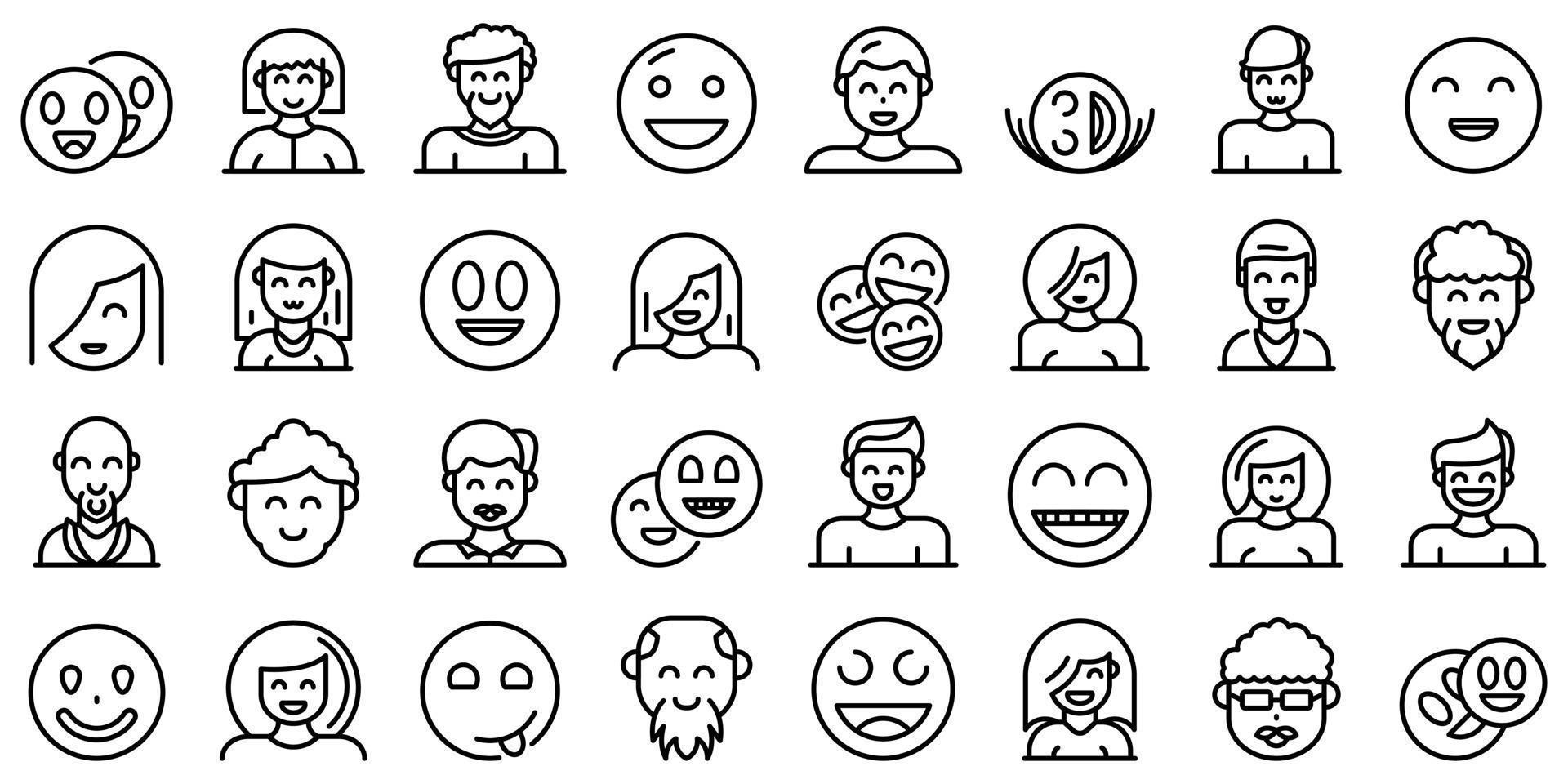 leende människor ikoner set, dispositionsstil vektor