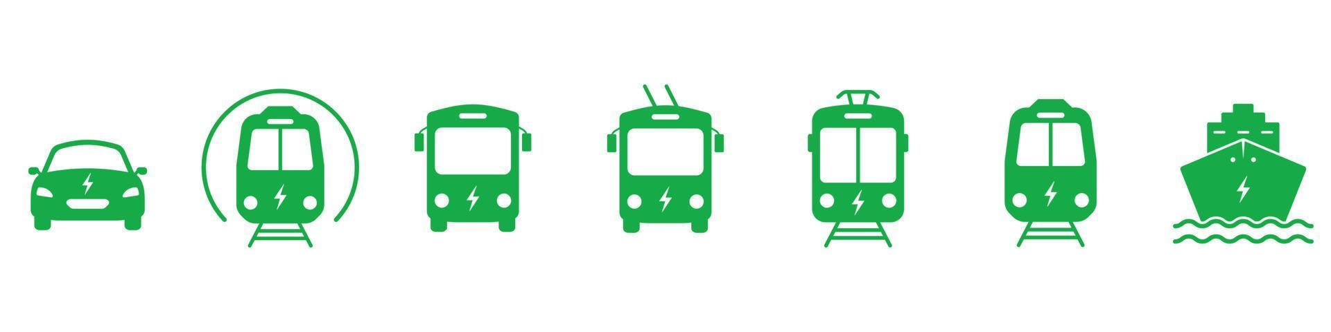 elektriska eko fordon siluett grön ikonuppsättning. ekologi alternativ hybrid elektro kollektivtrafik piktogram. elektrisk buss, bil, fartyg, spårvagn, tunnelbana, tåg ikon. isolerade vektor illustration.