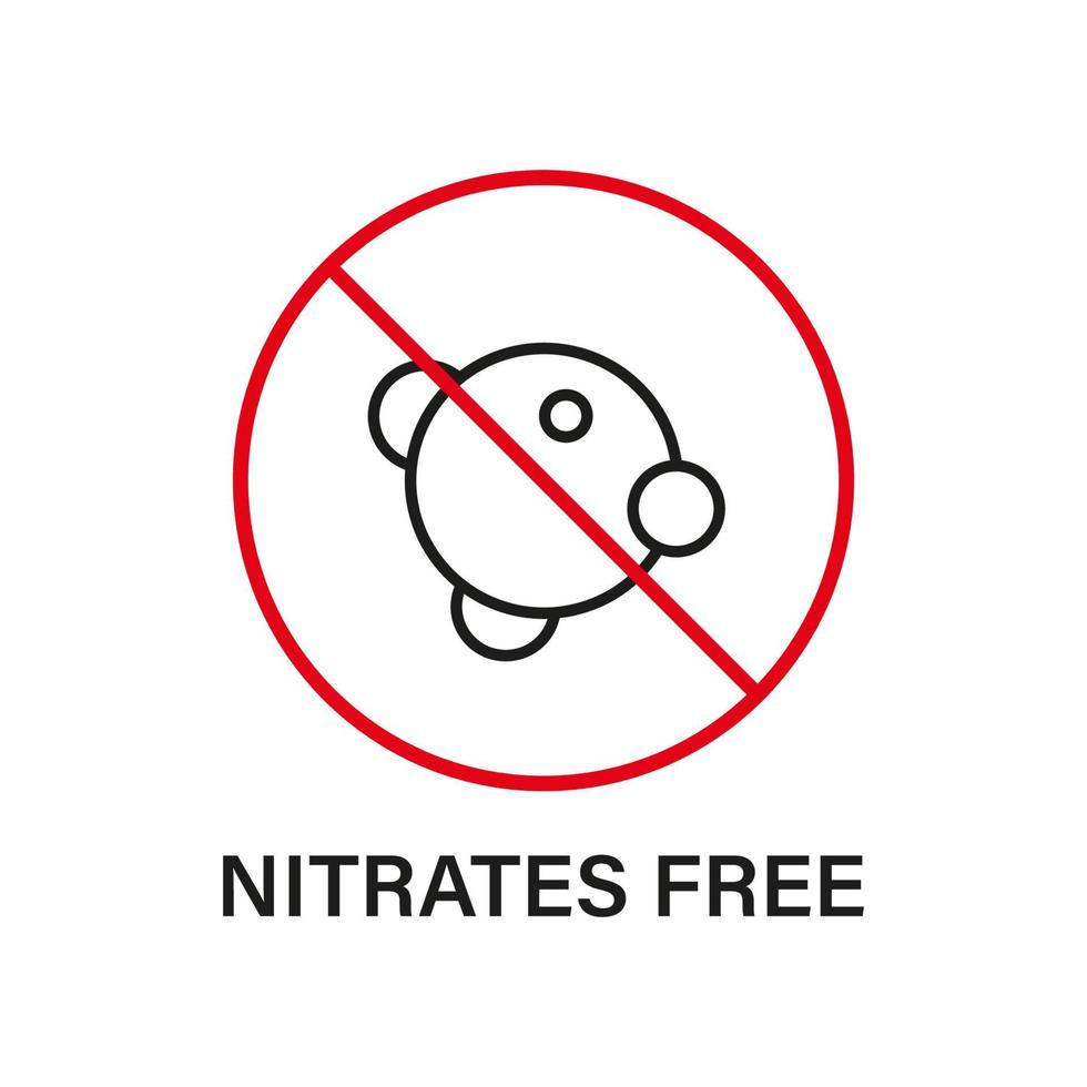 nitriter i livsmedelsingrediens stoppskylt. nitrat förbjudet symbol. nitrater fri linje ikon. näringscertifierad kontroll. logotyp utan nitrit. redigerbar linje. isolerade vektor illustration.