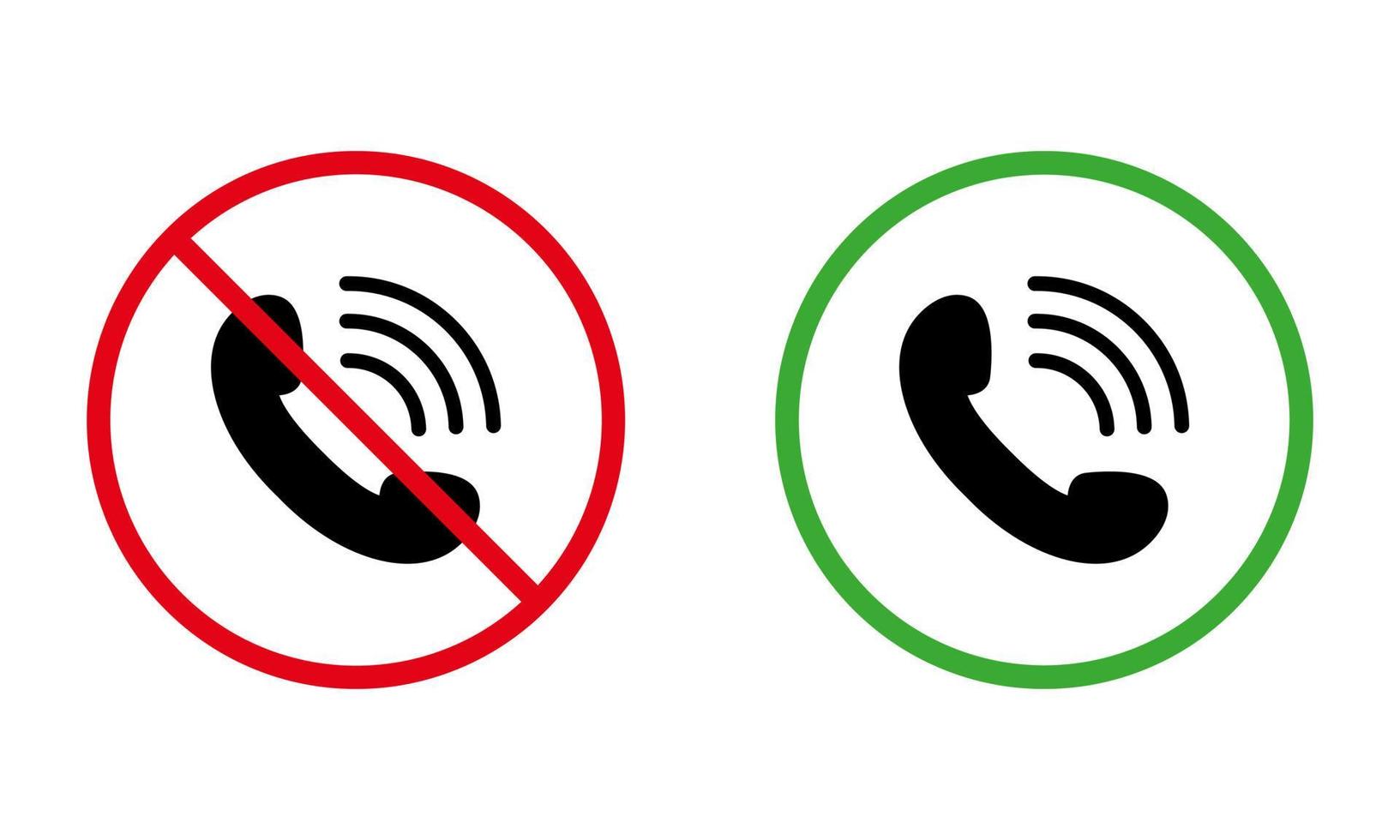 telefonsamtal svart siluett ikonuppsättning. ingen ta emot inkommande samtal mobiltelefon röd förbjuden rund skylt. acceptera samtal tillåt område grön cirkel symbol. varning håll tyst. isolerade vektor illustration.