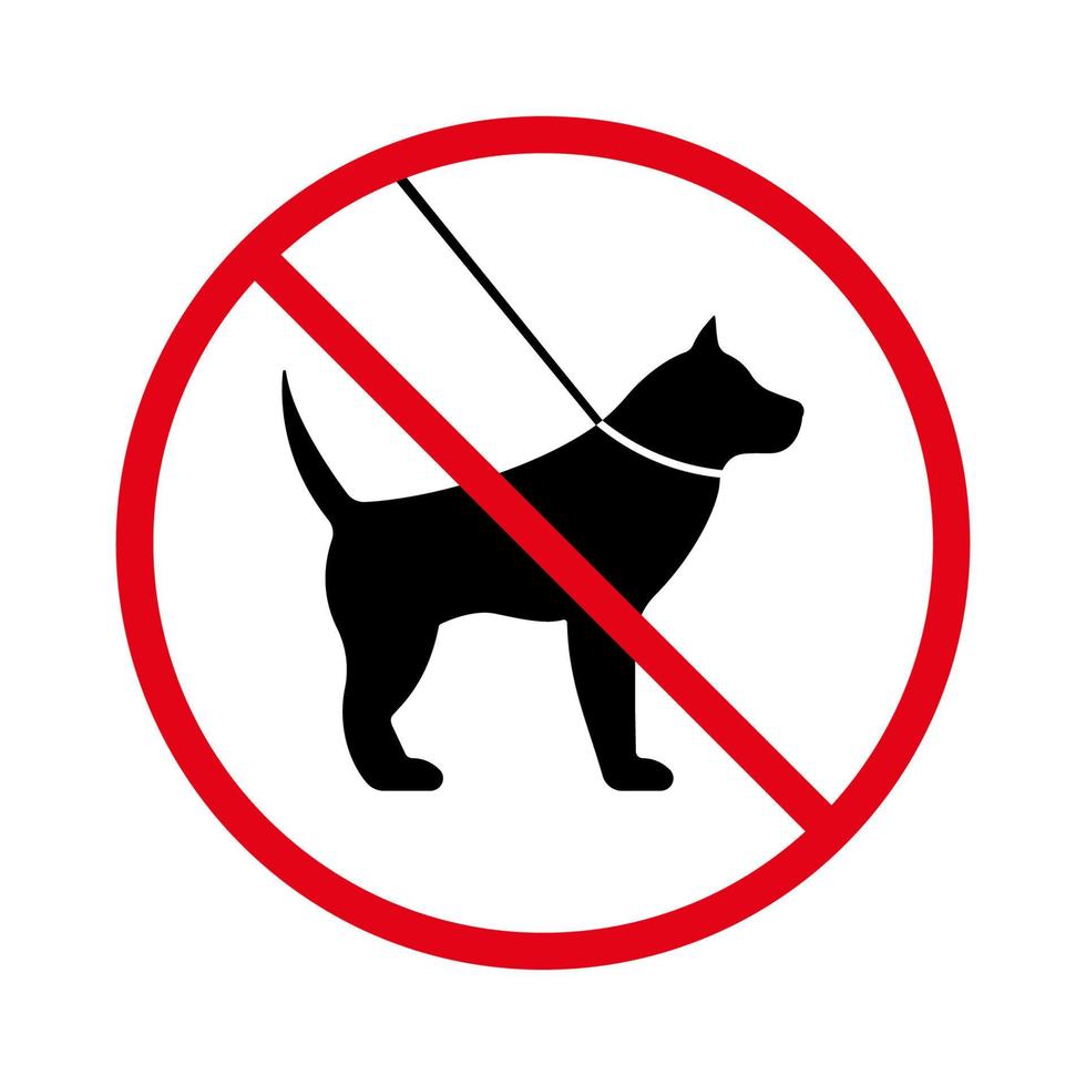 kein Gehen mit Leine Haushund Welpenverbot schwarze Silhouette Symbol. Spaziergang Tier Haustier verbotenes Piktogramm. verbieten Labrador großer Hund rotes Stoppsymbol. Warnung kein Haustierzeichen. isolierte vektorillustration. vektor