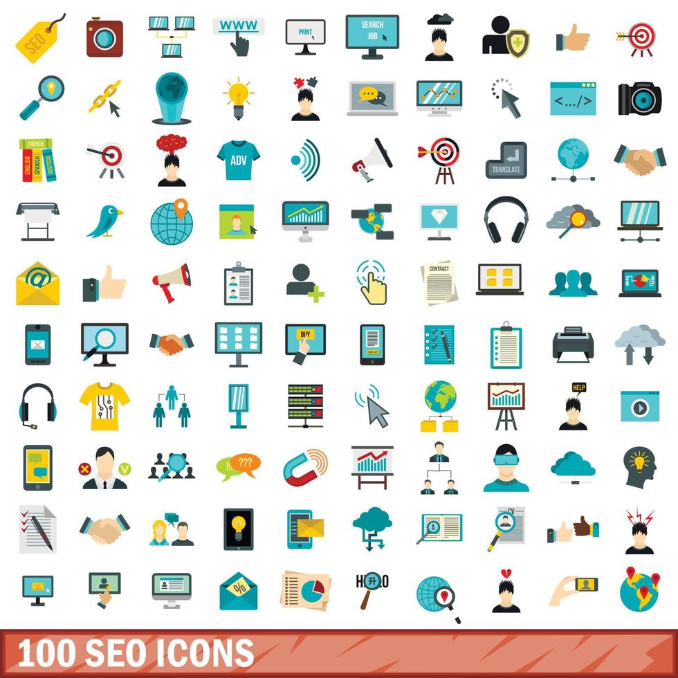 100 SEO-Icons gesetzt, flacher Stil vektor