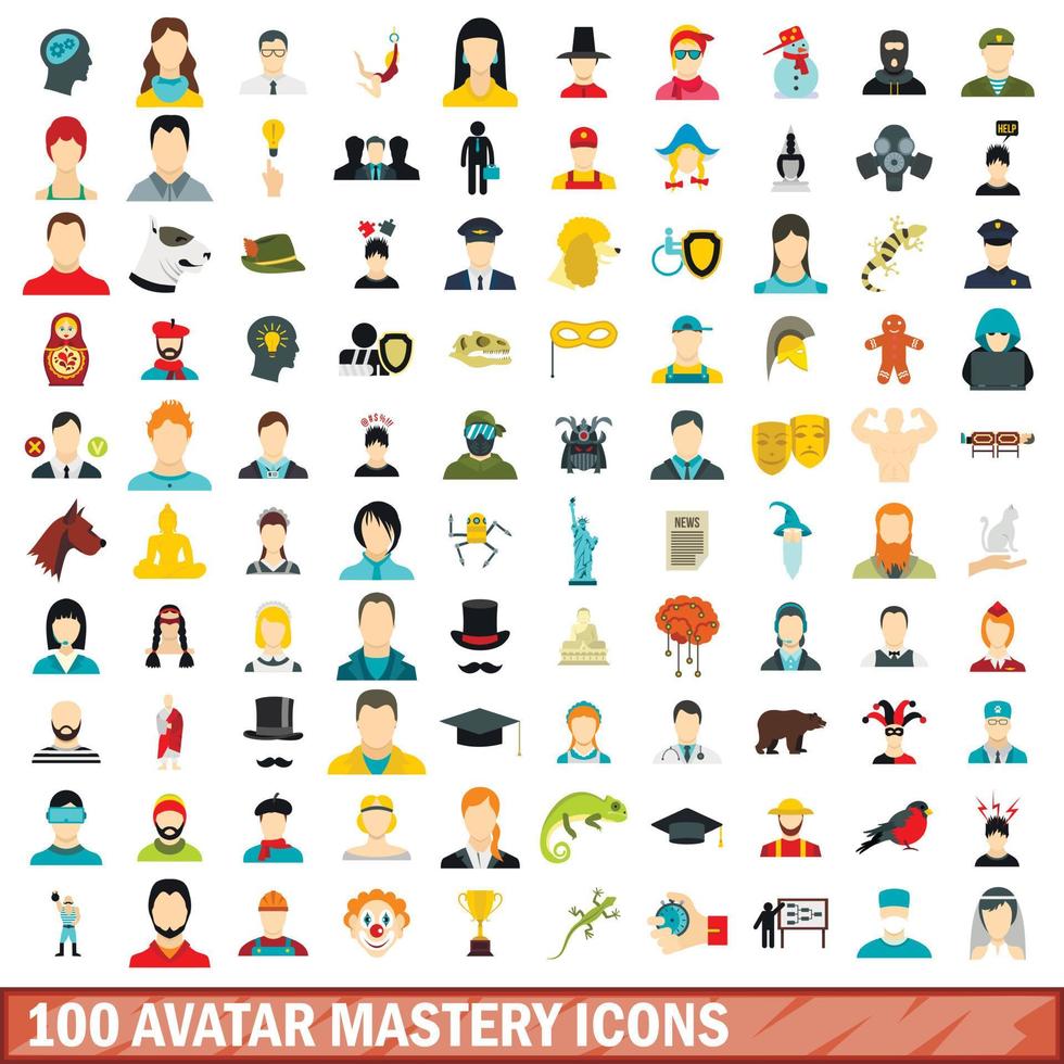 100 Avatar-Meisterschaftssymbole gesetzt, flacher Stil vektor