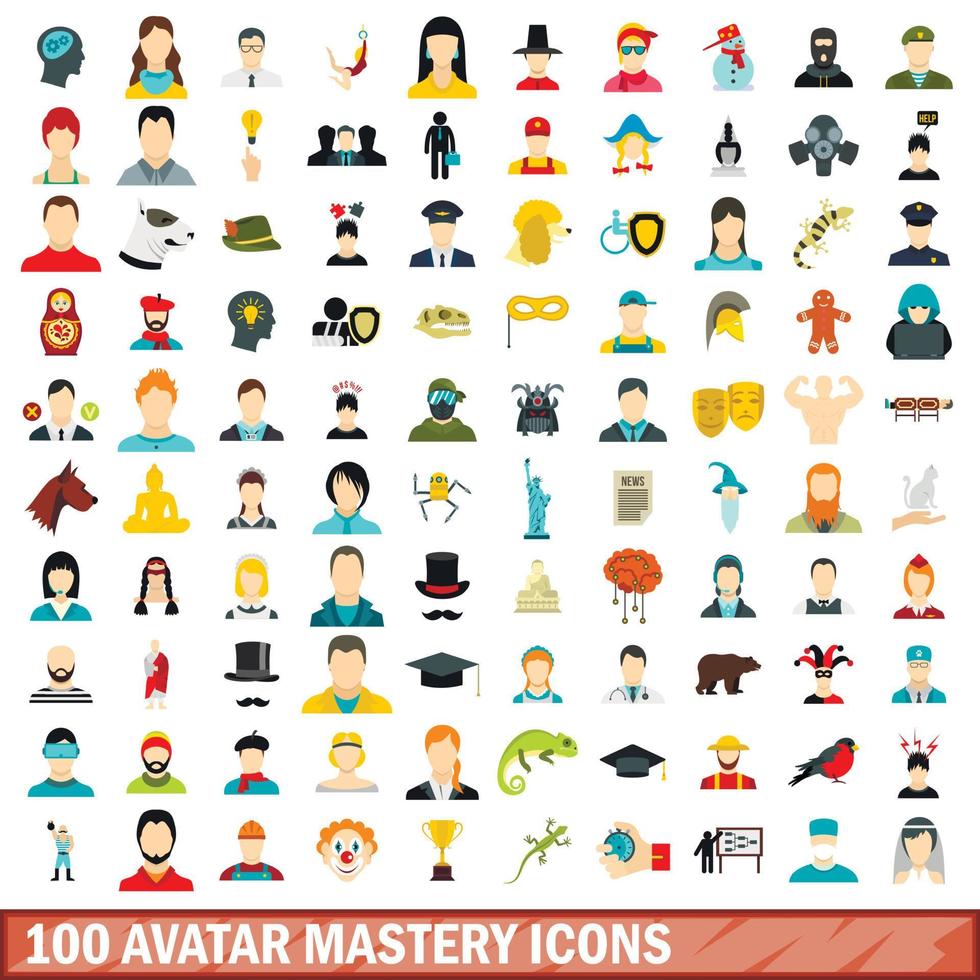 100 avatar mastery ikoner set, platt stil vektor