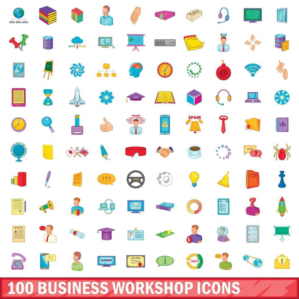 100 Symbole für Business-Workshops im Cartoon-Stil vektor