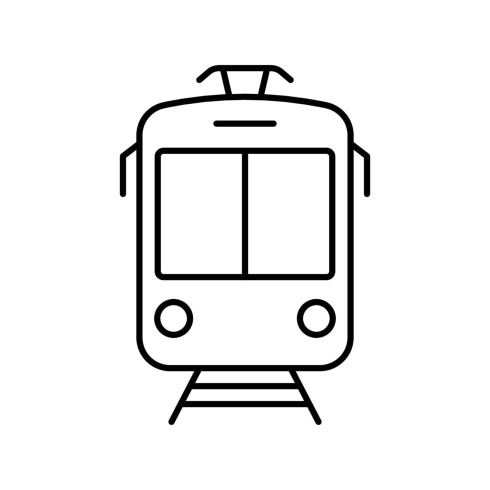 svart spårvagn linje ikon. spårvagn framifrån linjär piktogram. stoppstation för stadens elektriska kollektivtrafik konturskylt. vintage spårväg symbol. redigerbar linje. isolerade vektor illustration.