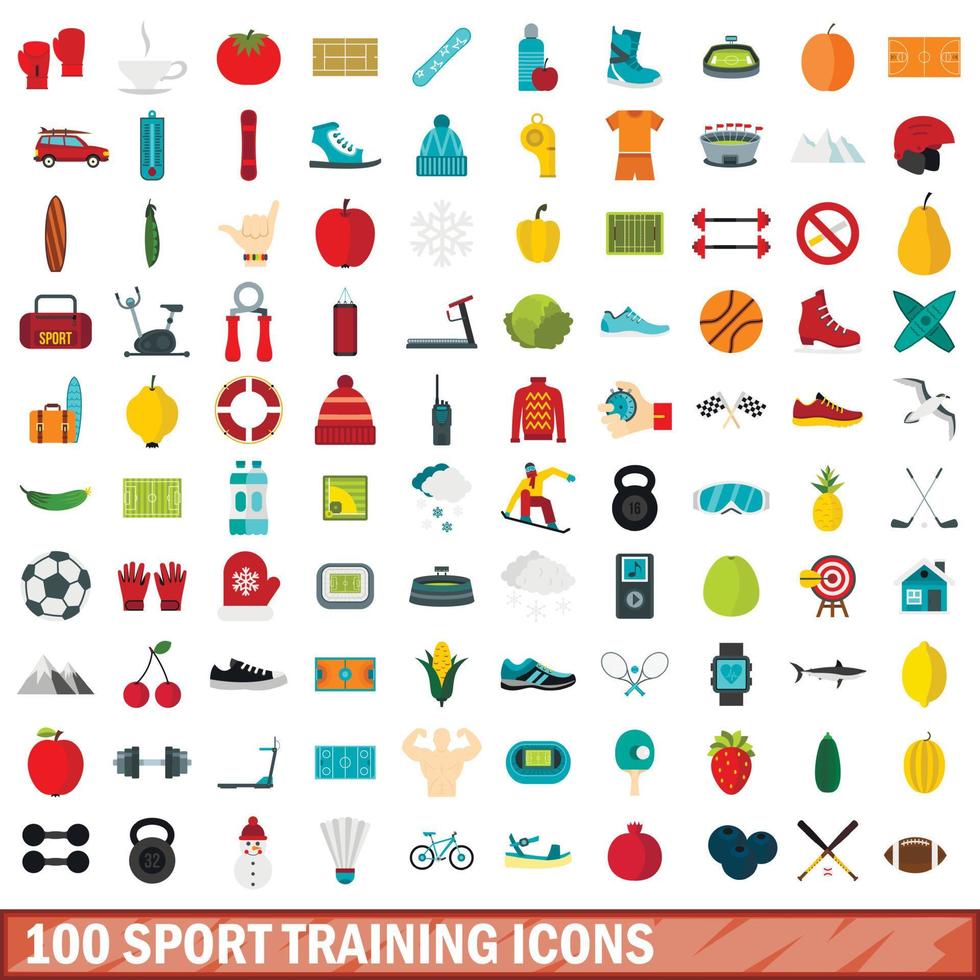 100 Sporttrainingssymbole gesetzt, flacher Stil vektor