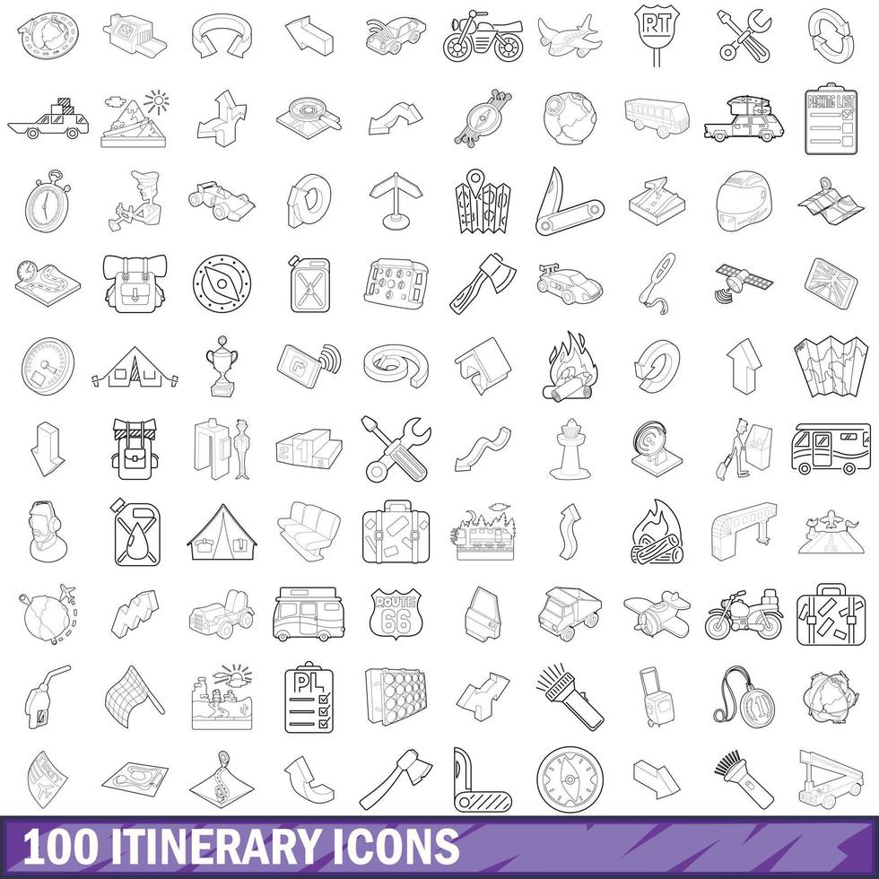 100 Reiserouten-Icons gesetzt, Umrissstil vektor