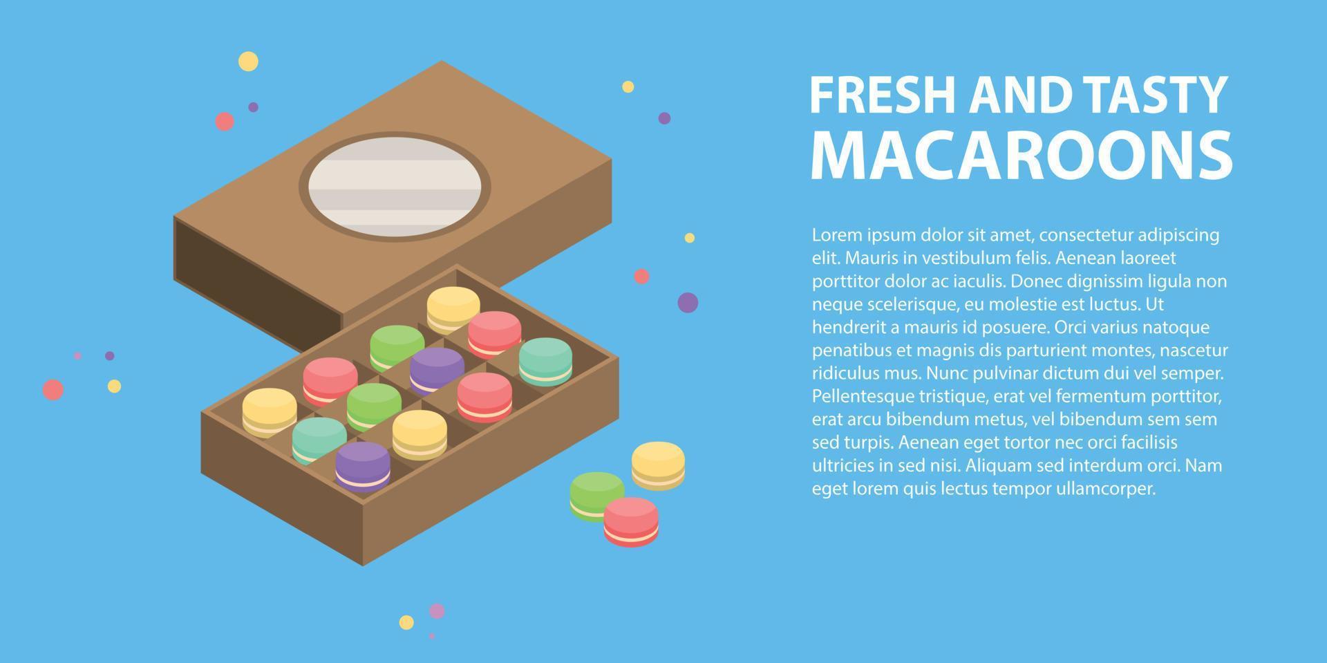 färska läckra macaroons box banner, isometrisk stil vektor