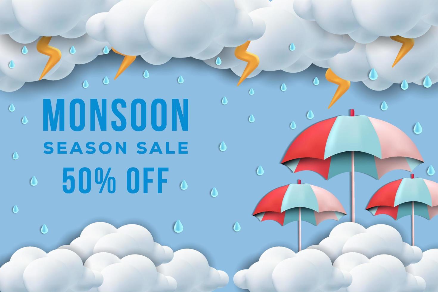 3d monsun säsong bakgrund med paraplyer och åska, monsun försäljning 3d illustration vektor