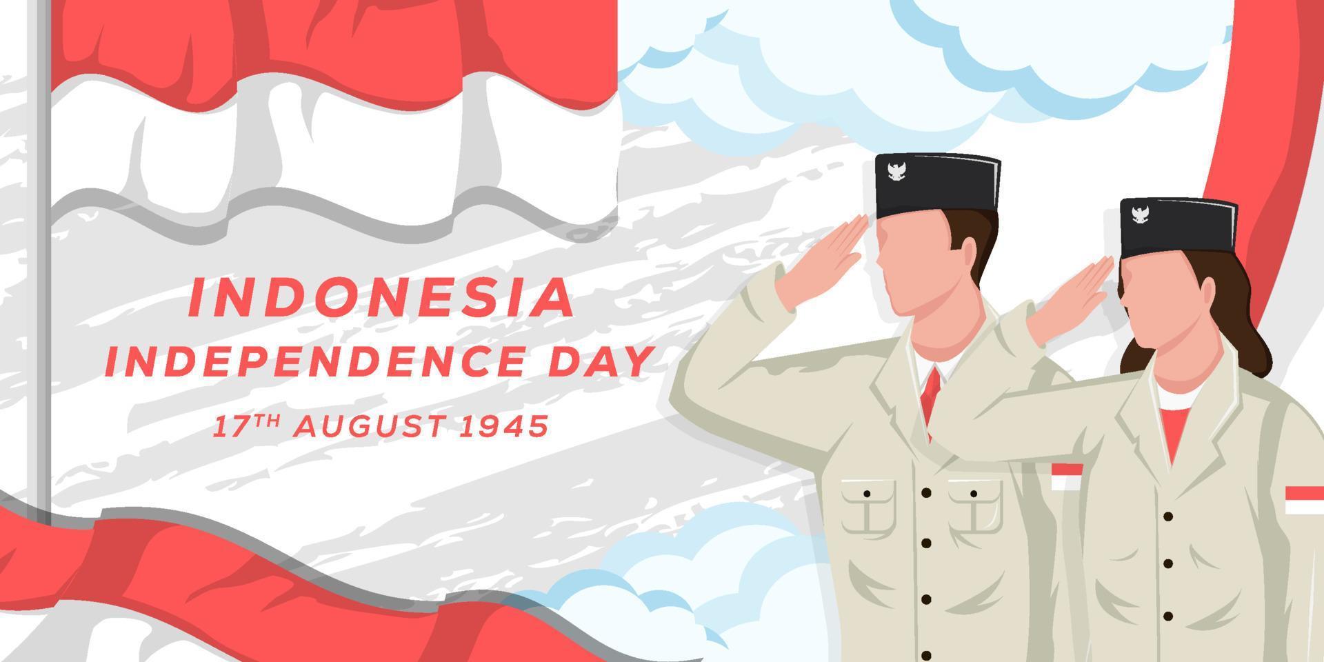 indonesien unabhängigkeitstag 17. august mit männern und frauen, die vor der indonesischen flagge grüßen vektor