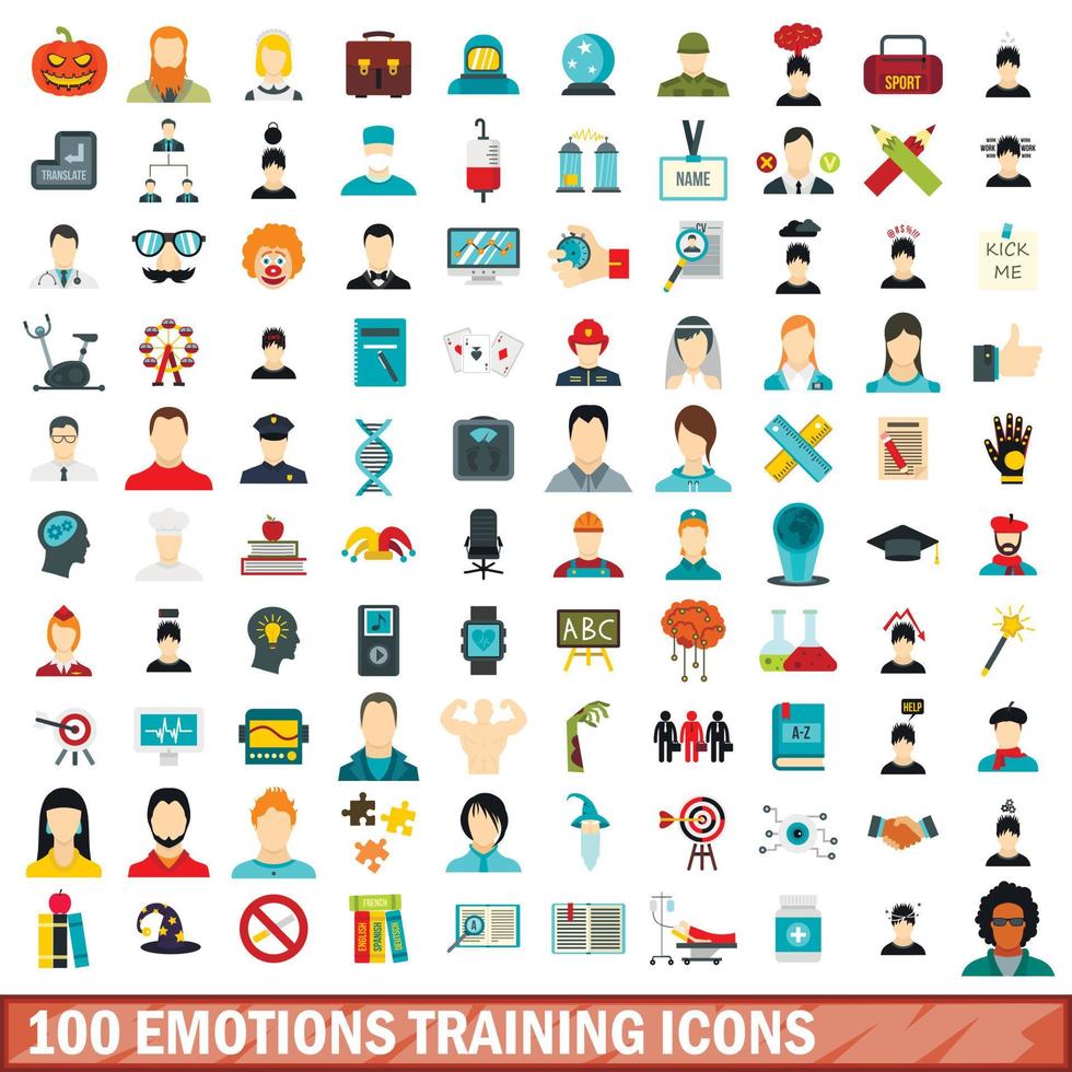 100 Emotionstrainingssymbole gesetzt, flacher Stil vektor