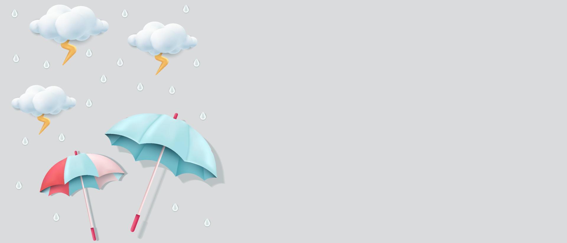 regenschirme, wolken und donner 3d-illustration für monsunzeithintergrund mit kopierraumbereich vektor