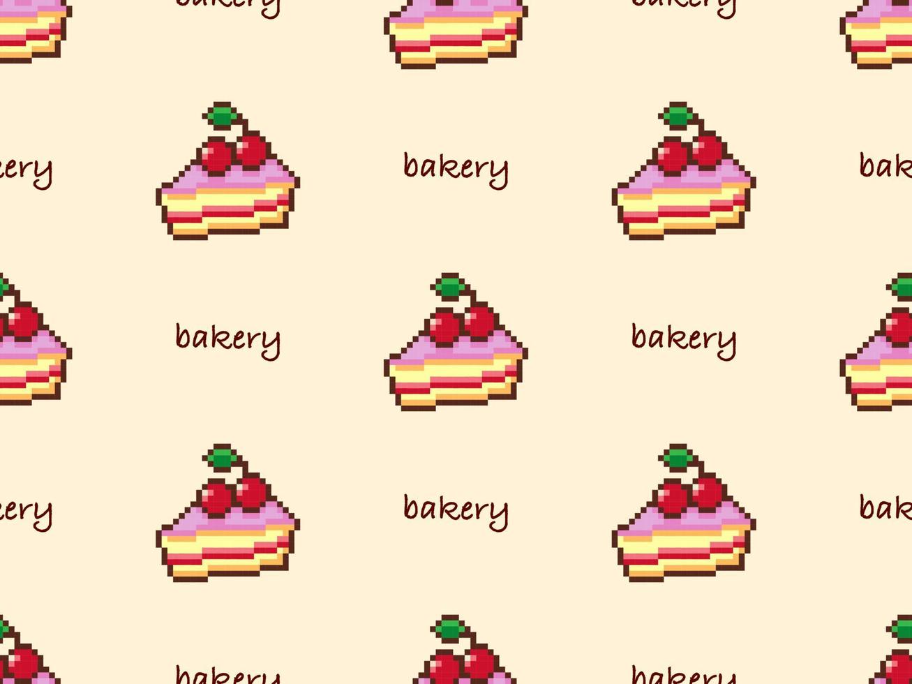 bageri seriefigur seamless mönster på gul bakgrund. pixel stil vektor