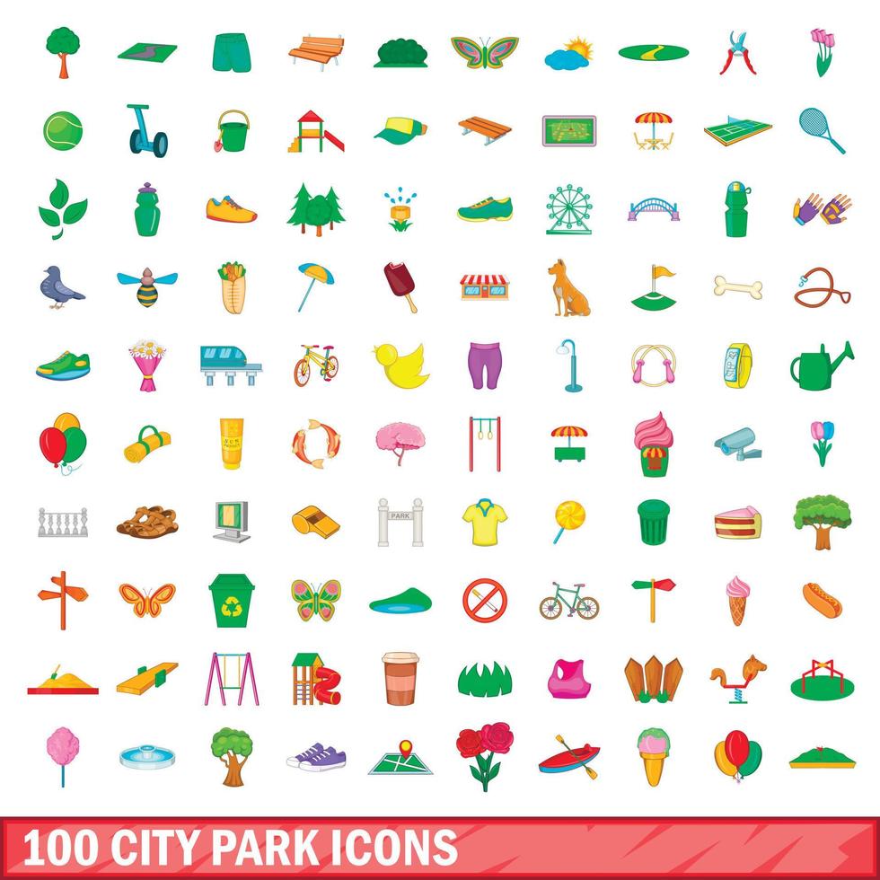 100 stadspark ikoner set, tecknad stil vektor